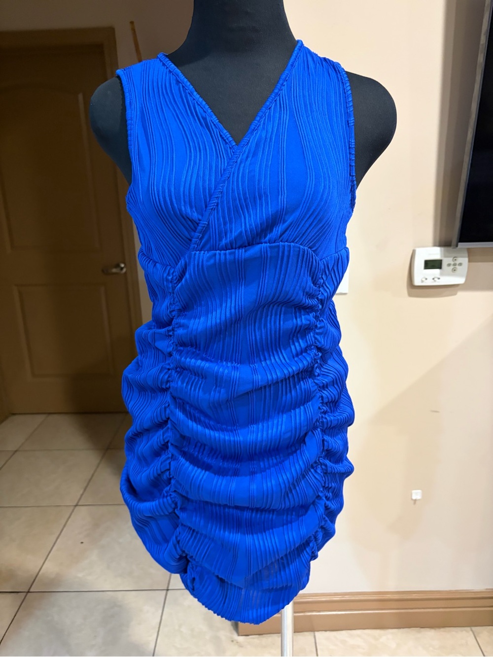 Sleeveless Ruched V-Neck Blue Women's Dress